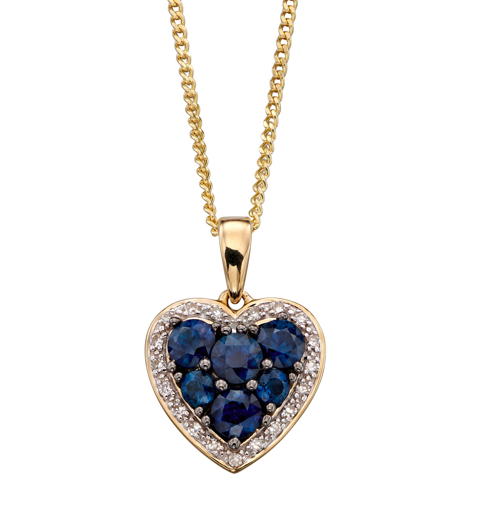 9ct Yellow Gold Sapphire and Diamond Heartshaped Pendant Hoppers