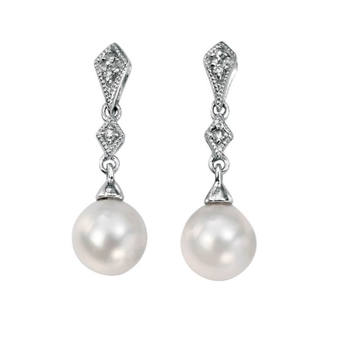 9ct White Gold Diamond and Freshwater Pearl Earrings | Hoppers Jewellers