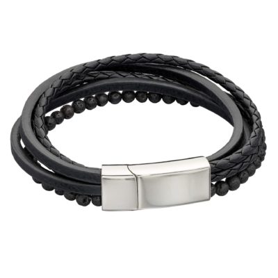 Fred Bennett Black Leather and Bead Bracelet