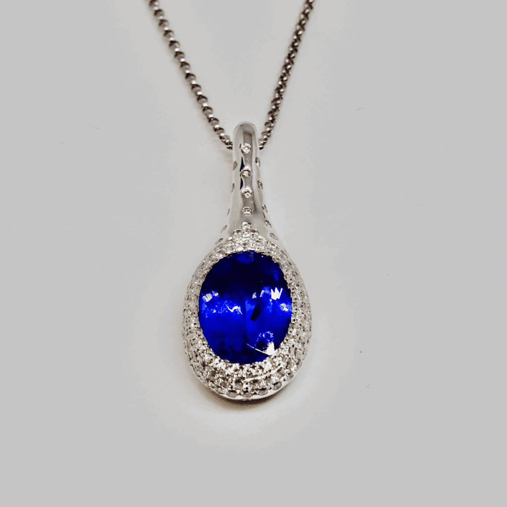 Fine Jewellery Tanzanite and Diamond Oval Cluster Pendant Hoppers