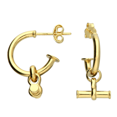 Sterling silver gold plated T-bar half hoop stud earrings