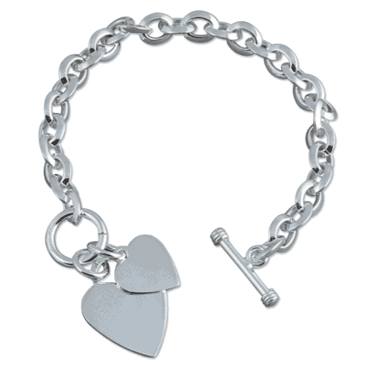 Sterling silver double heart charm T-bar bracelet