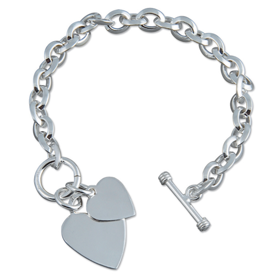Sterling silver double heart charm T-bar bracelet